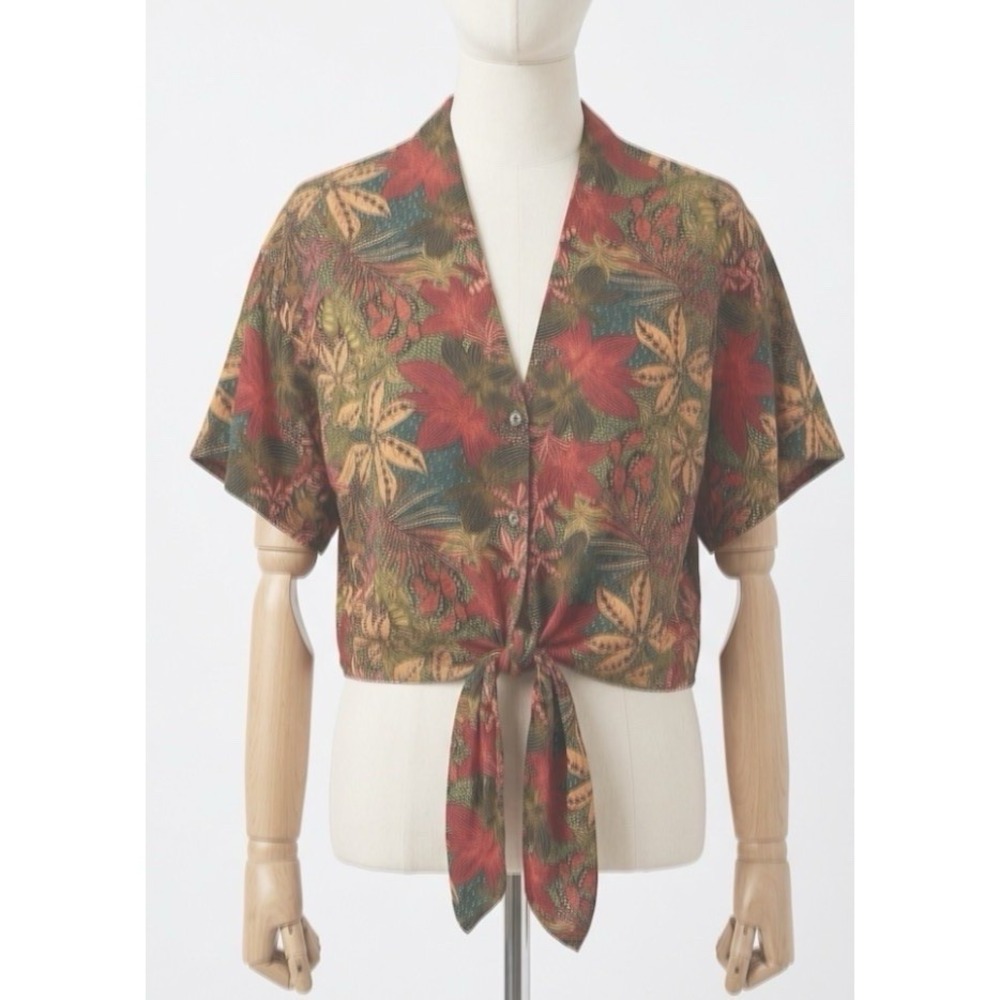Evereve Rayon Abstract Tropical Floral Button Front Tie Hem Blouse S